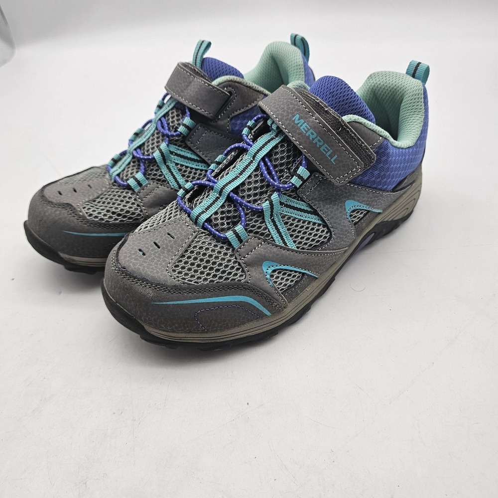 Merrell Shoes KIDS Size 4 Gray Blue Hiking Trail Sneaker Hook Loop Outdoor Mesh